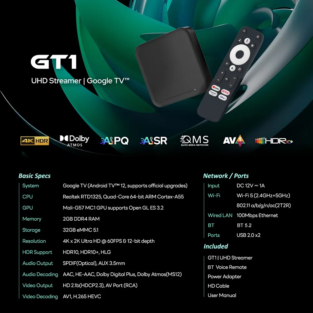 RockTek GT1 UHD Google TV Box Google Certified 2GB 32GB Realtek1325 A55 Edge AI Support Dolby Atmos 2T2R Wifi5 BT5.2 Android Box