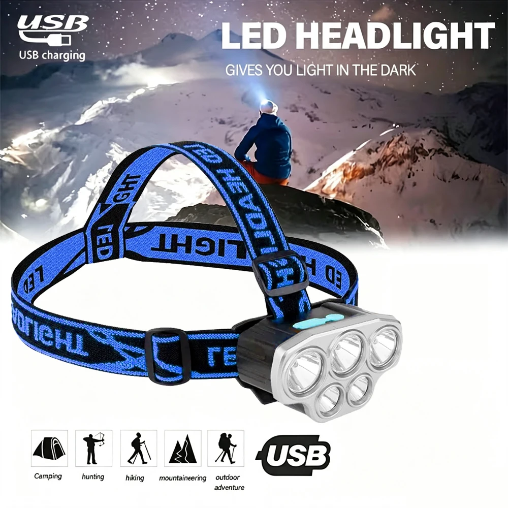 Powerful 5 LED Headlamp USB Rechargeable Headlamp Fishing Head Flashlight Waterproof Hunting Camping Outdoor Run Hiking Light
