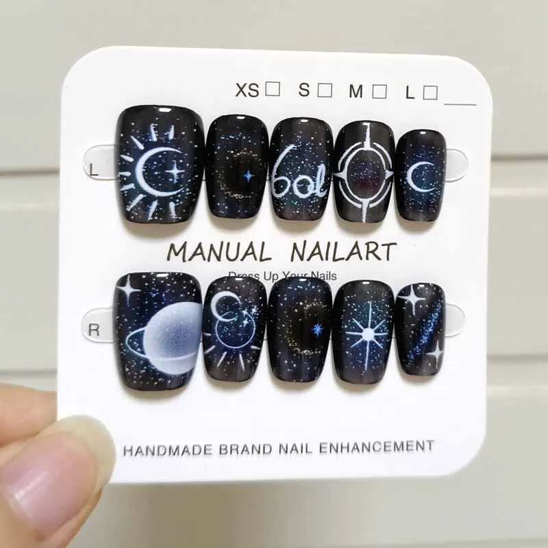 10Pcs Black Star River Cat Eye Cool Fantasy Fake Nails Handmade Press on Nails Dreamy Jellyfish French Style Nail Patch Nail Art