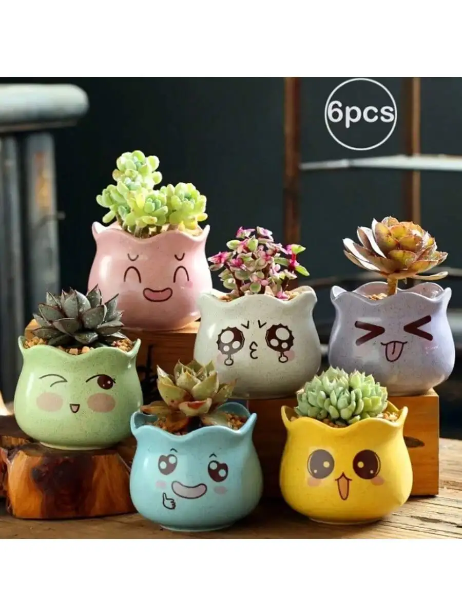 6pcs/set Cartoon Cute Ceramic Flower Pots, Cute Succulent Plant Flower Pot with Drainage Hole Function, Suitable for Succulents