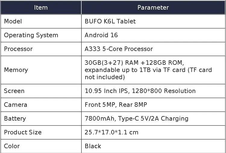 BUFO K6L 10.95 Inch Android 16 Tablet Bundle 30GB(3+27) RAM 128GB ROM A333 5-Core Processor 1280*800 IPS Screen 7800mAh Battery 5MP+8MP Camera Expandable 1TB TF With Keyboard Case Stylus Mouse Earphone Full Productivity Suite Tablet PC