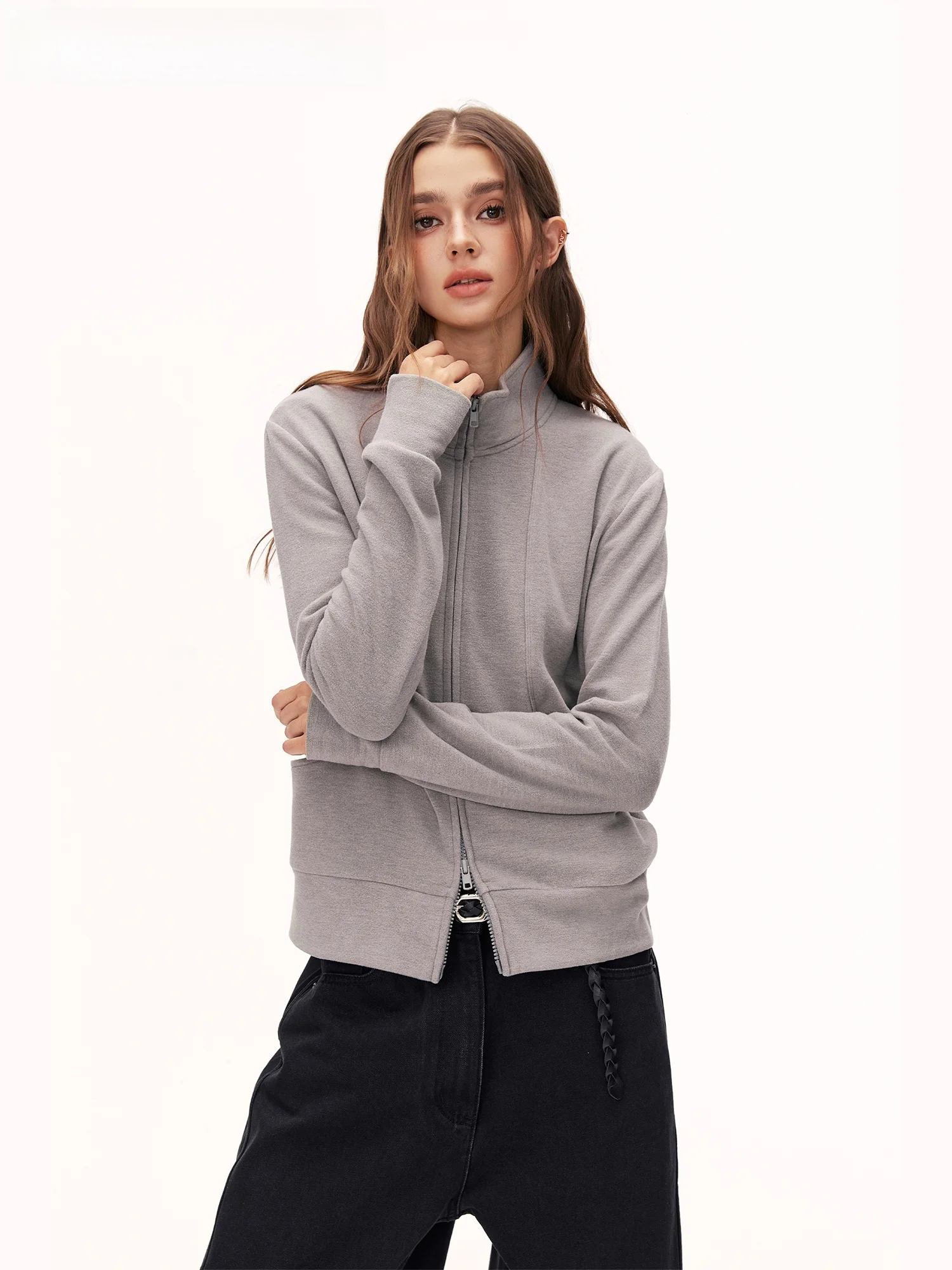 Women's Double Zipper Long Sleeve Sweatshirt Warm Casual Style Outerwear Slimming Cardigan Autumn New Arrival BURGENLAND
