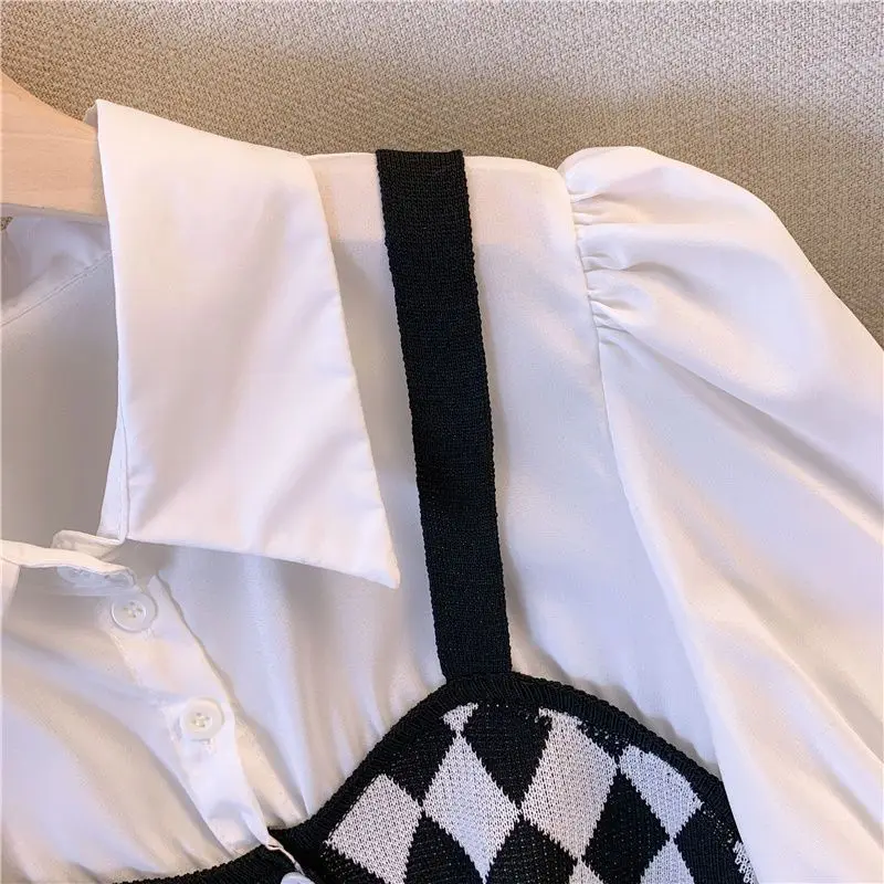 EBAIHUI Summer Fake Two-piece Women Short Sleeved Shirt Summer Short Puff Sleeve Ladies Blouse Korean Casual Lapel Neck Top 2024