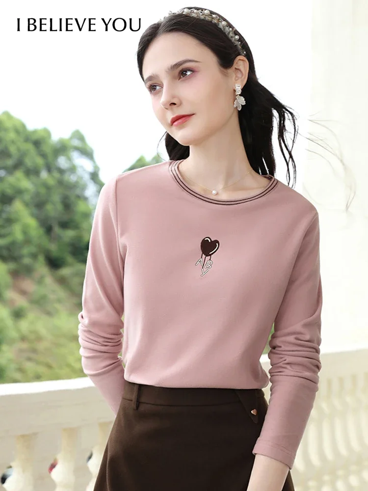 

I BELIEVE YOU Pink Embroidery Warm long sleeved T-shirt top for women fall clothes 2024 women base Office Lady shirt 2244015784