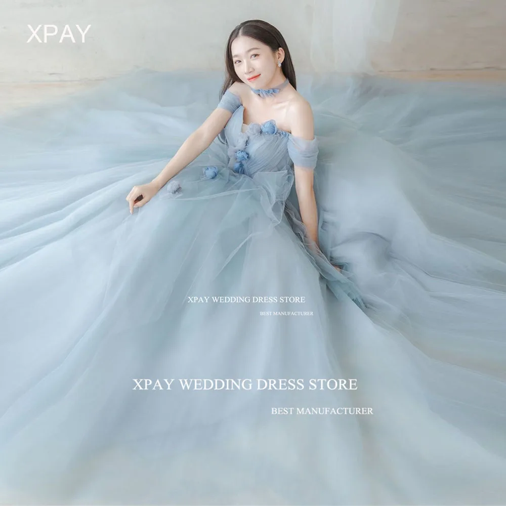 XPAY Off Shoulder Blue Fairy Evening Dresses A Line Short Sleeve 3D Flowers Formal Party Prom Gown For Wedding Bride Photo Shoot