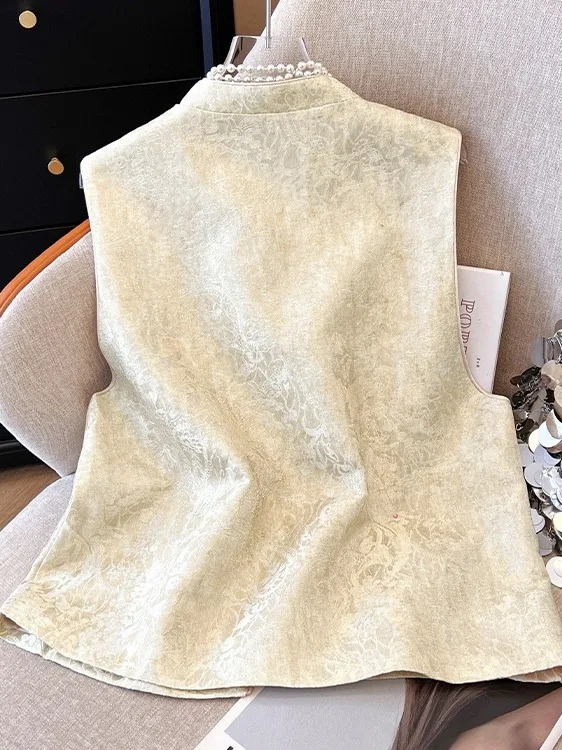 Elegant Chinese Style Jacket with Pearl Embellishments Stand Collar Women's Top White Enhancing Thin Autumn Wear