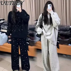 Oversized Two Piece Set Plump Girls Spring Autumn Heavy Industry Beads Long-Sleeved Sweatshirt Elastic High Waist Straight Pants