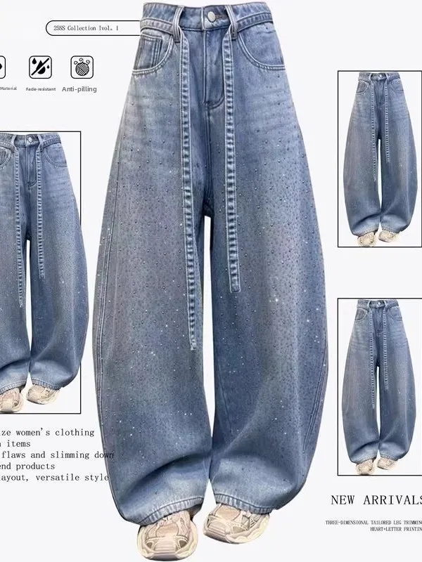 

Джинсы женские больших размеров с американским стразовым декором, новинка, свободные, узкие прямые или широкие брюки