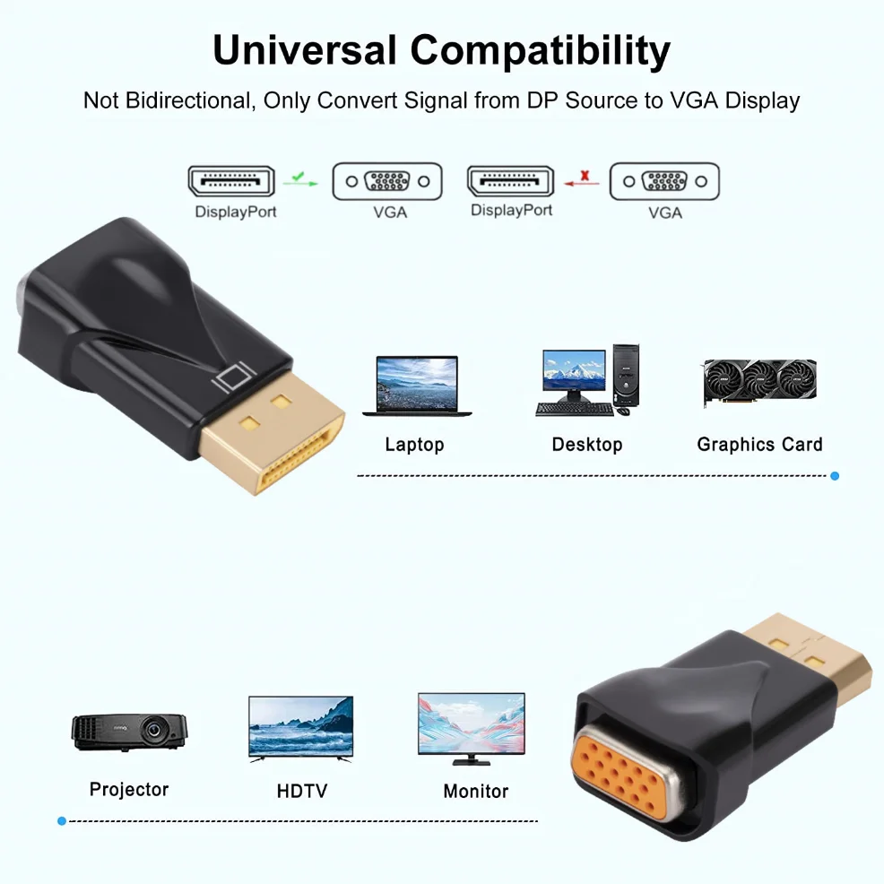 DisplayPort Display Port Converter, adaptador para PC, projetor, DVD, TV, laptop, monitor, macho para fêmea, 1080P, DP para VGA