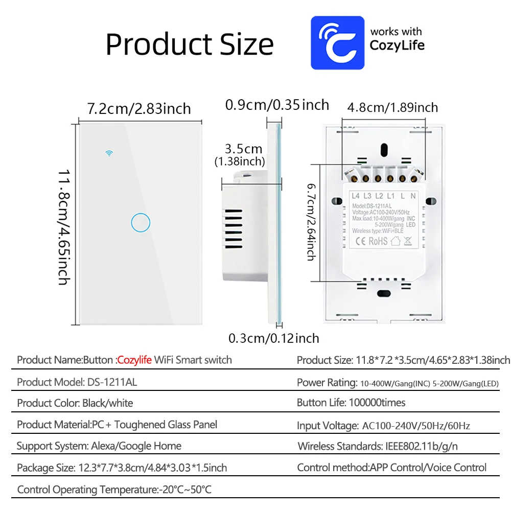 Cozylife Smart Switch US Brazil WiFi Neutral Wire/No Neutral Wire Touch Light Switch Works With Alexa Google Home 1/2/3 Gang