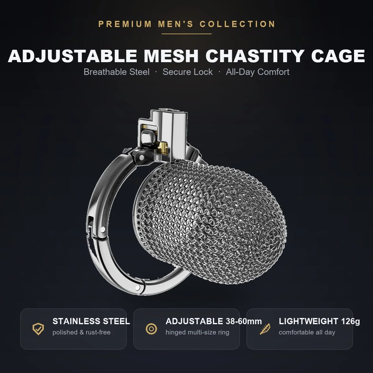 Stainless Steel Adjustable Chastity Cage for Men Breathable Mesh Male Chastity Device with Padlock & Keys Ultra Light Adult Toy - view 2