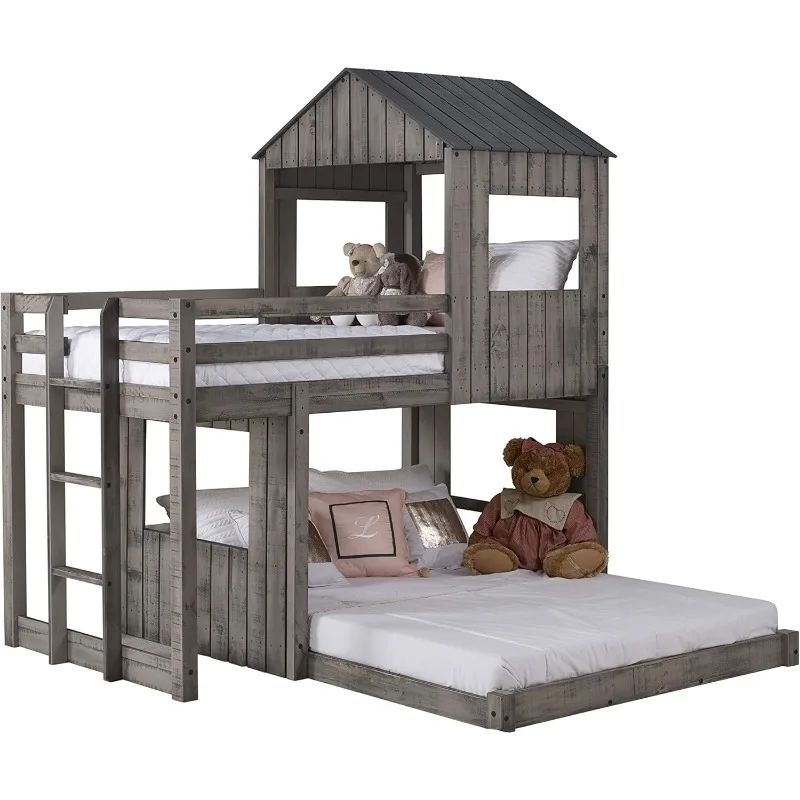 

Campsite Cabin Twin Over Full Loft Bed in Rustic Dirty Grey Finish