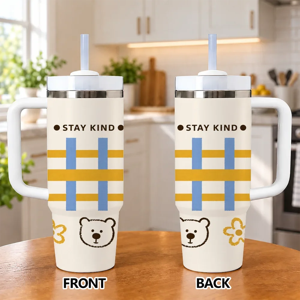 Stay Kind Bear Flower Stripe 40oz Tumbler with Handle Straw Stainless Steel Insulated Travel Mug Gift for Women Girls