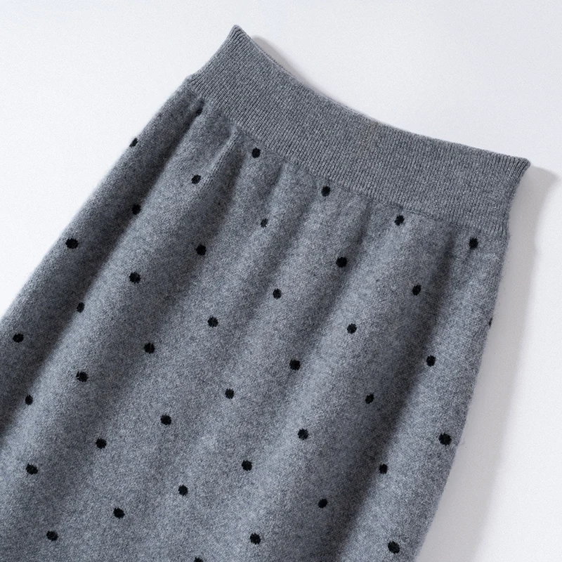 

ADDONEE Women Dot Cashmere Skirt Office Lady Grace A-line Skirt Autumn Winter 100% Cashmere Knit Skirt Preppy Style Skirt