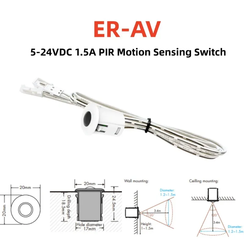 

5V-24V 1.5A PIR Motion Sensing Switch ER-AV Concealed PIR Motion Dimmer Controller for 5050 2835 5730 12V Single Color Led Strip