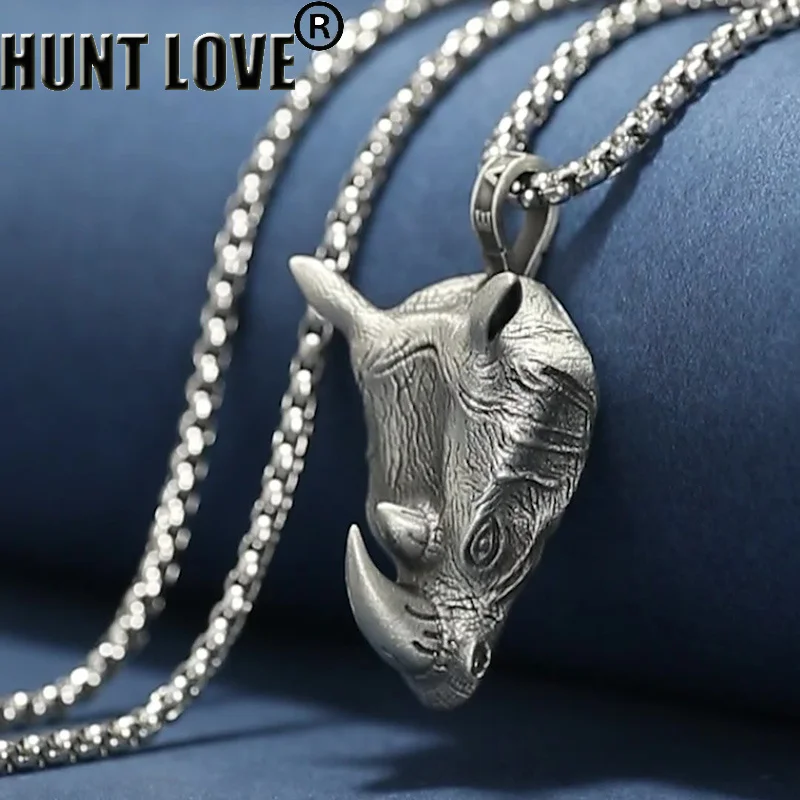 1Pcs Pure Tin Rhino Head Pendant Necklace Stainless Steel Chains Wild Rhinoceros Animal Necklace Women Men Jewelry Best Gift