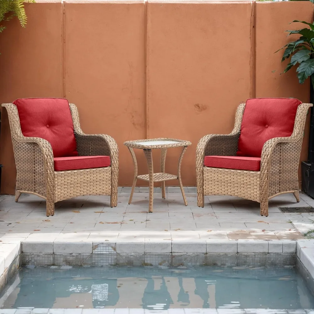 

Patio Bistro Set Outdoor Chairs - 3 Piece Wicker Rattan Patio Furniture Set with 2 Armrest Chair and 1 Side Table for Proch Deck