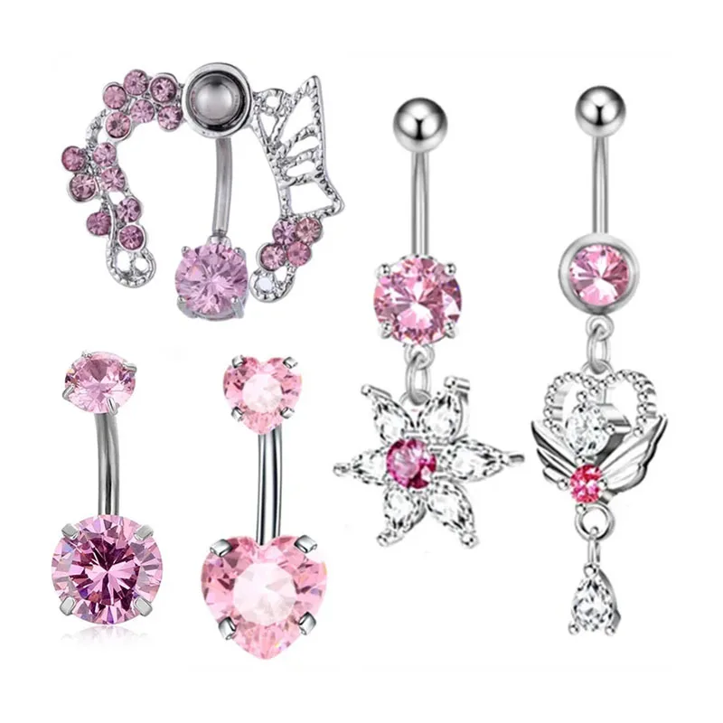 5PCS Pink Crystal Belly Button Rings Set Purple Heart Navel Piercing Bulk Green Flower Belly Rings Packs Piercing Ombligo Lots