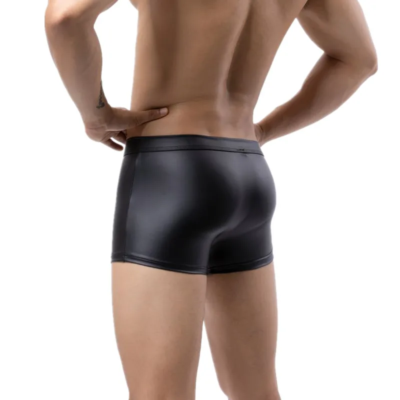 Mens Underwear Black Faux Leather Boxers Shorts Homme Ring Lingeries Man Panties U Convex Pouch Underpants Cueca Calzoncillo