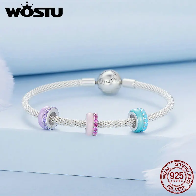 WOSTU 925 Sterling Silver blu rosa viola silica Spacer Bead Candy Charms con zircone lucido Fit bracciale originale collana fai da te