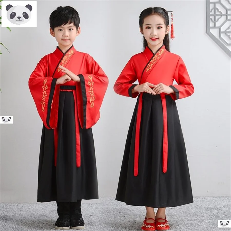 Hanfu-vestido chino tradicional para niños y niñas, ropa escolar, estilo antiguo, rojo, Moderno