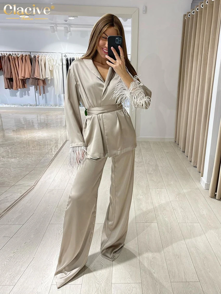 Clacive Causal Loose Home Suit Autumn Fashion Khaki Satin Wide Pants Set Elegant Long Sleeve Lace-Up Robes Two Piece Set Womens