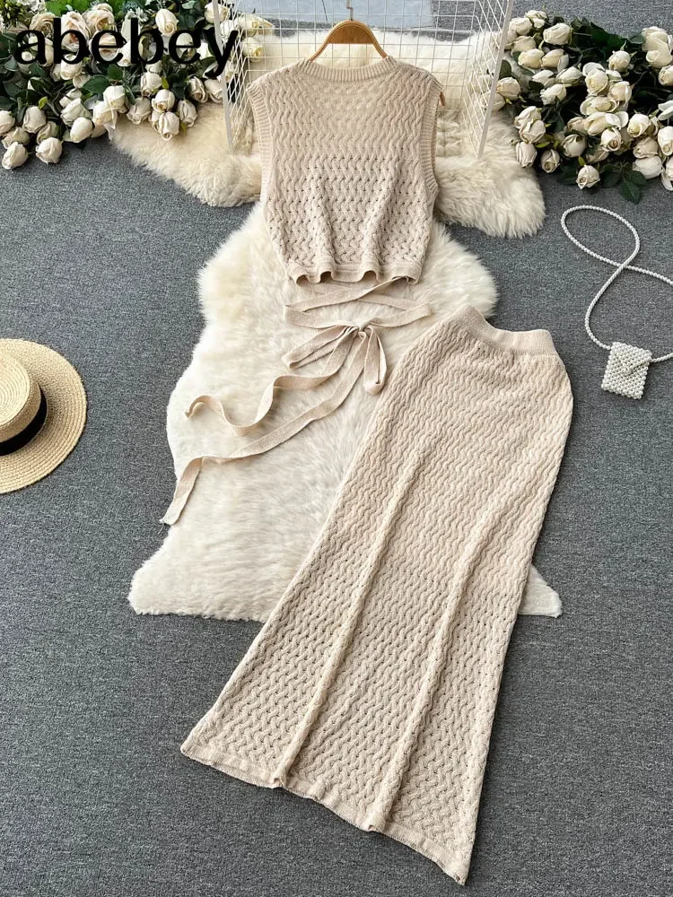 Estate lavorata a maglia vacanza due pezzi abiti da donna senza maniche canottiere + elastico sottile midi gonne lunghe set da spiaggia femminili