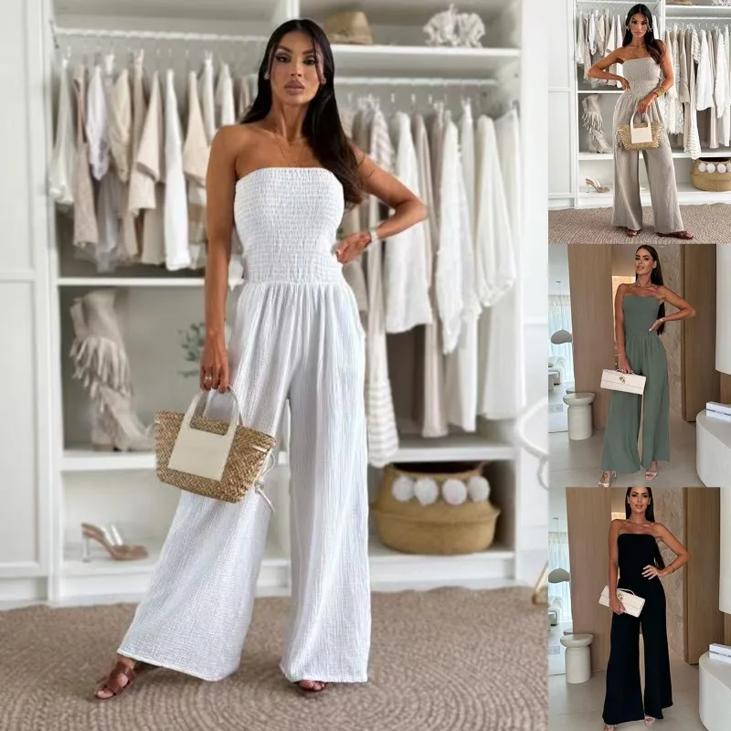 

European-style Strapless Jumpsuit Pleated Elastic Waistband Fitted Jumpsuit Casual Women's Solid Color Jumpsuit