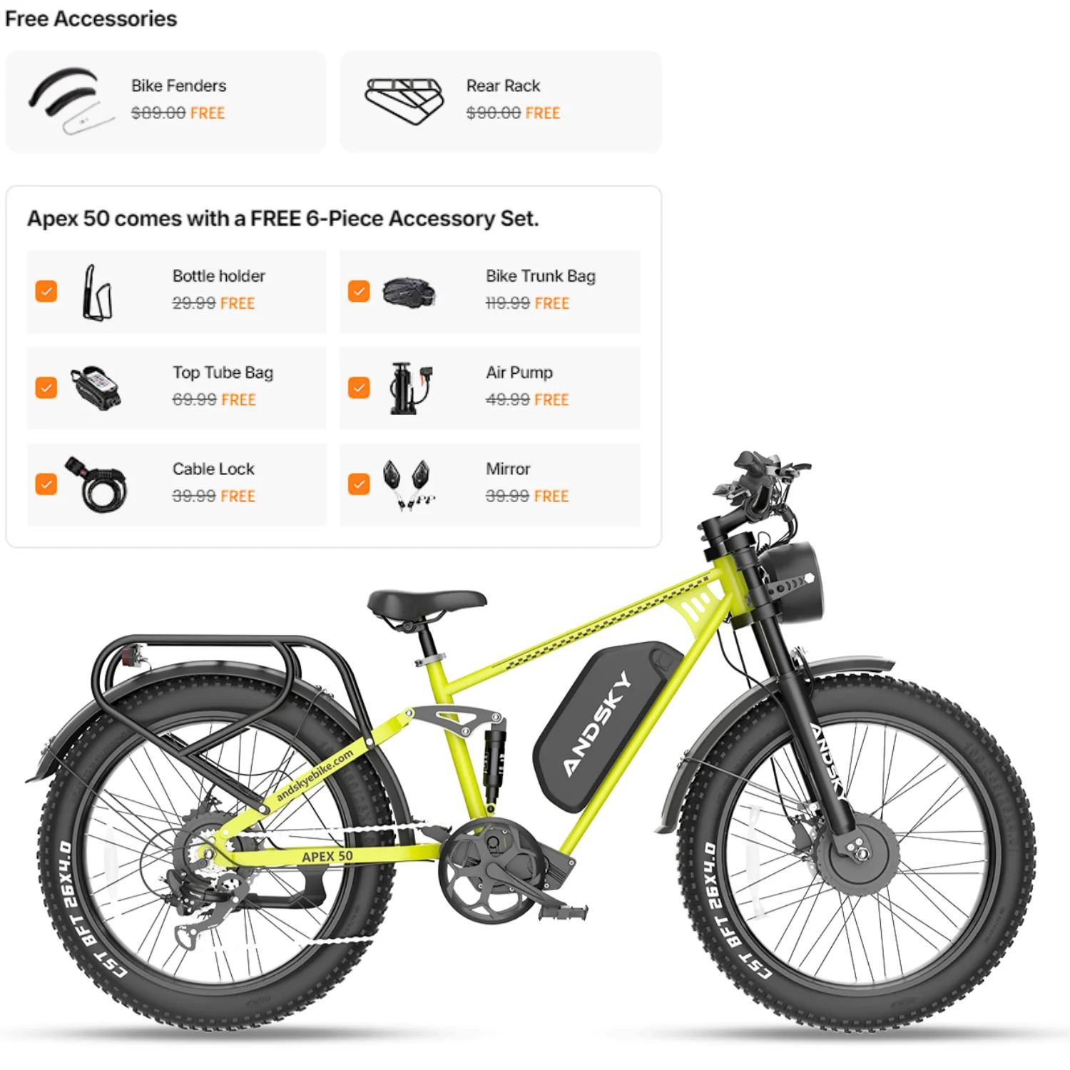 ANDSKY Apex50 AWD Electric Bike 3000W Dual Motor 35MPH 100Miles Long Range 48V/52V 25Ah Removable Battery City Off-Road Electric Bicycle for Adults Full Suspension 26*4 Inch All Terrain Fat Tire E-bike image 1