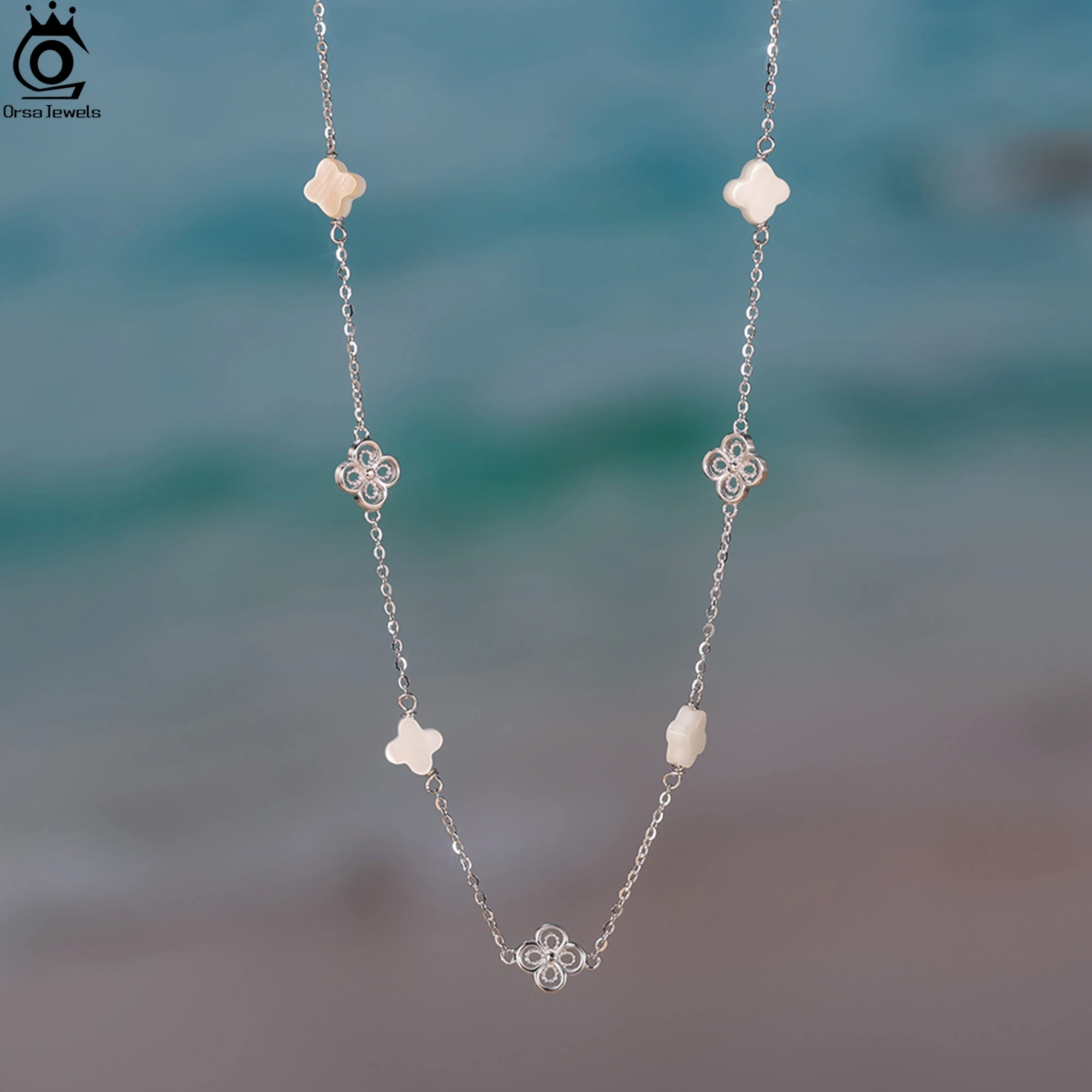 

ORSA JEWELS 925 Sterling Silver Four Leaf Clover Whtie Shell Decoration Choker Necklace Nature Style Jewelry Summer Gift GMN60