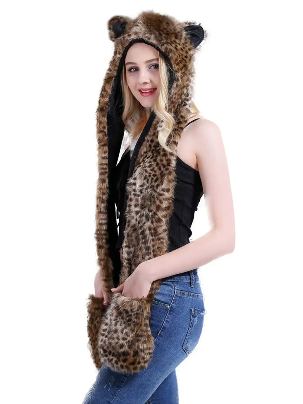 African Leopard ,Winter Novelty Faux Fur Hoods Animal Hat Scarf Gloves 3 in1 Fleece Hooded Plush Warm Earmuff Warcraft Cap