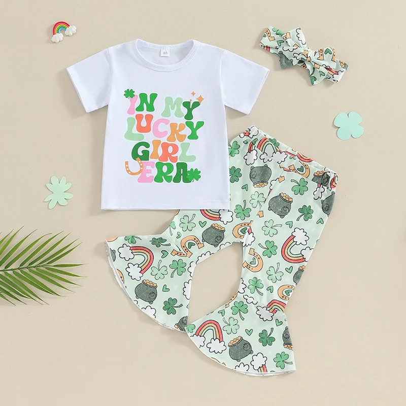 Toddler Baby Girl St Patricks Day Outfit Letter Short Sleeve T Shirt Irish Shamrock Bell Bottoms Lucky Clothes