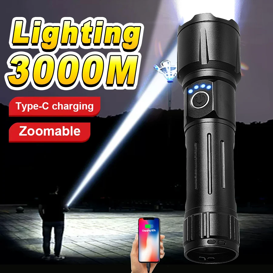 2000000 Lumens Most Powerful LED Flashlights Long Shot 3000M Super Bright Tactical Flashlight Rechargeable Lamp Outdoor Camping