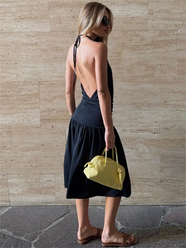 Sukienka damska z dekoltem w serek, odkrytymi plecami, sznurowana, długa, z koronką, ażurowa, luźna, seksowna, plisowana, imprezowa, letnia, dopasowana.