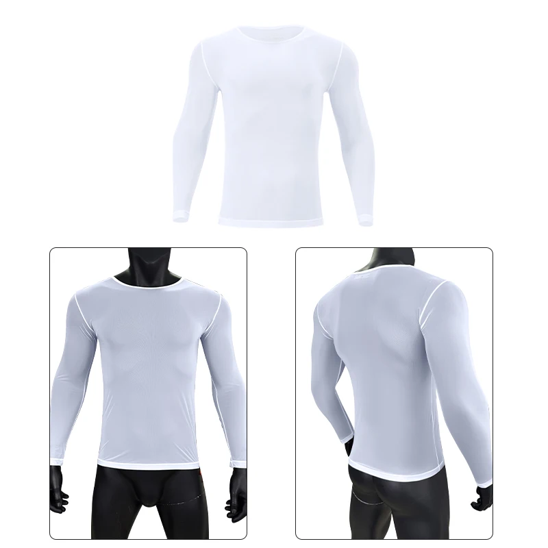 3pcs Men Transparent Mesh Undershirts 33% Spandex Long Sleeve T-shirts Slim Fitness Gym Bodybuilding Homewear Tops Cueca