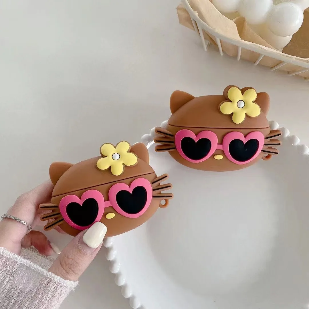 حافظة لهاتف Airpods Pro 2، نظارات Hello Kitty الشمسية باللون البني من السيليكون لسماعات Airpods 3 2 1 حافظة لهاتف Kids Funda #1
