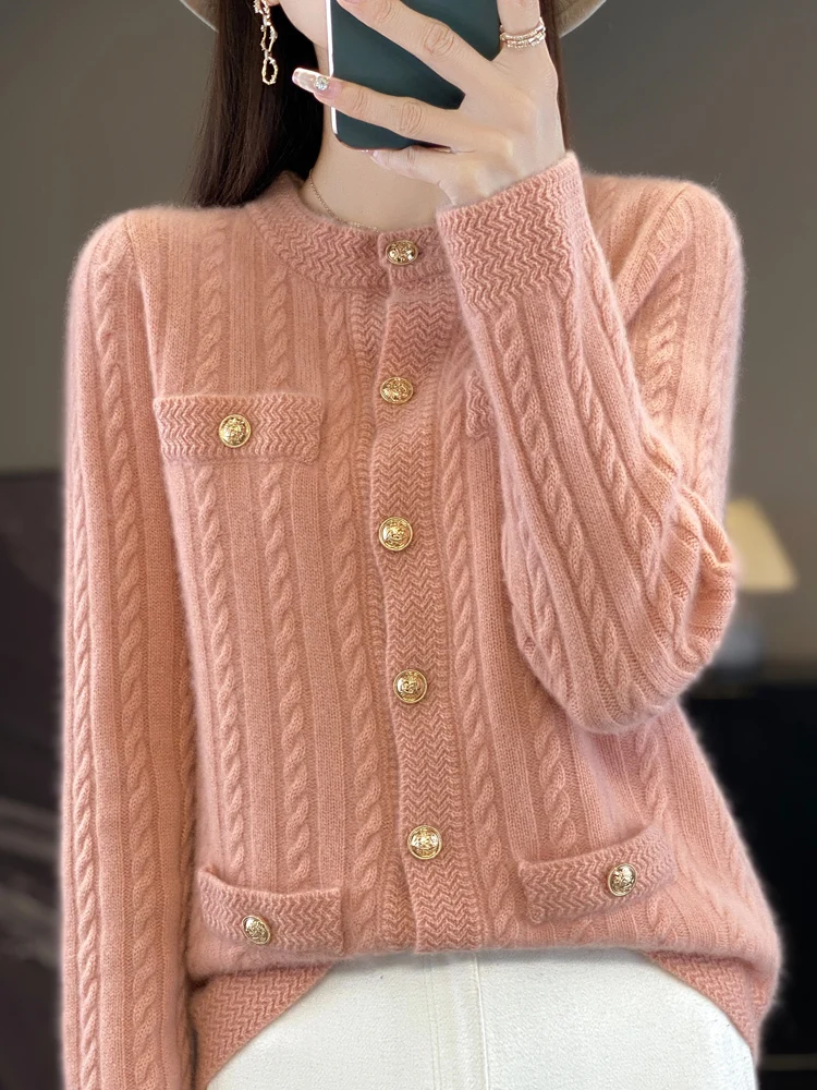 المرأة الدافئة الخريف الشتاء سميكة 100% ميرينو الصوف محبوك سترة أزرار سترة عادية فضفاض س الرقبة كابل Stitc الملابس القمم #2