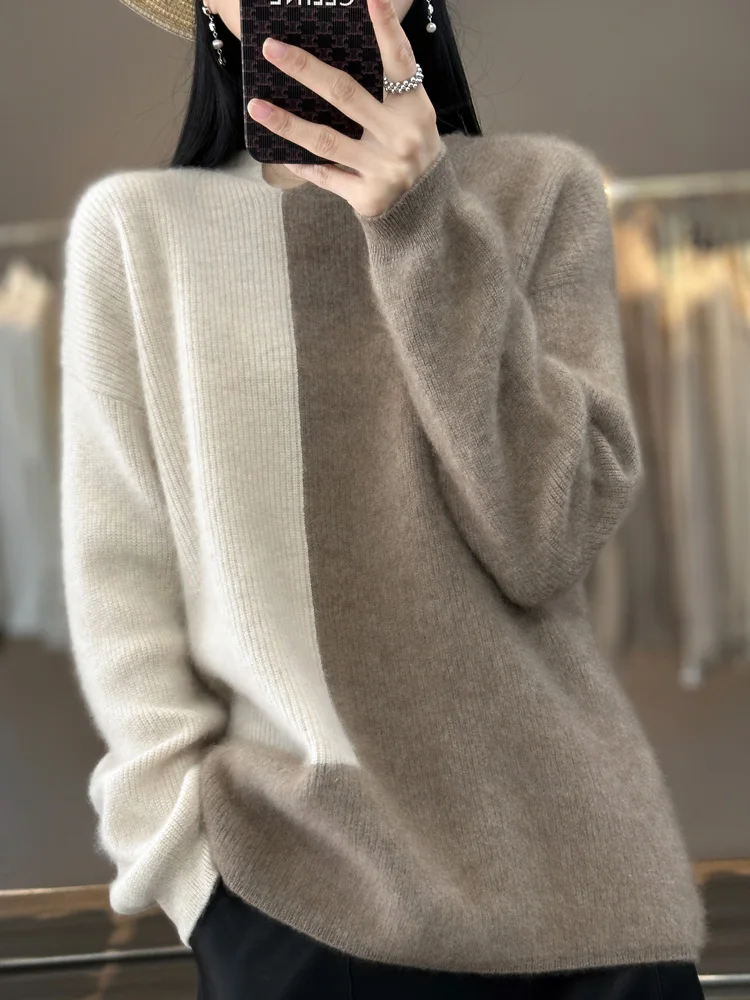 Autumn and Winter Cashmere Sweater 100% Merino Wool Knitting Color Contrast Clothing Women\'s O Neck Pullover Top Fashion Korean