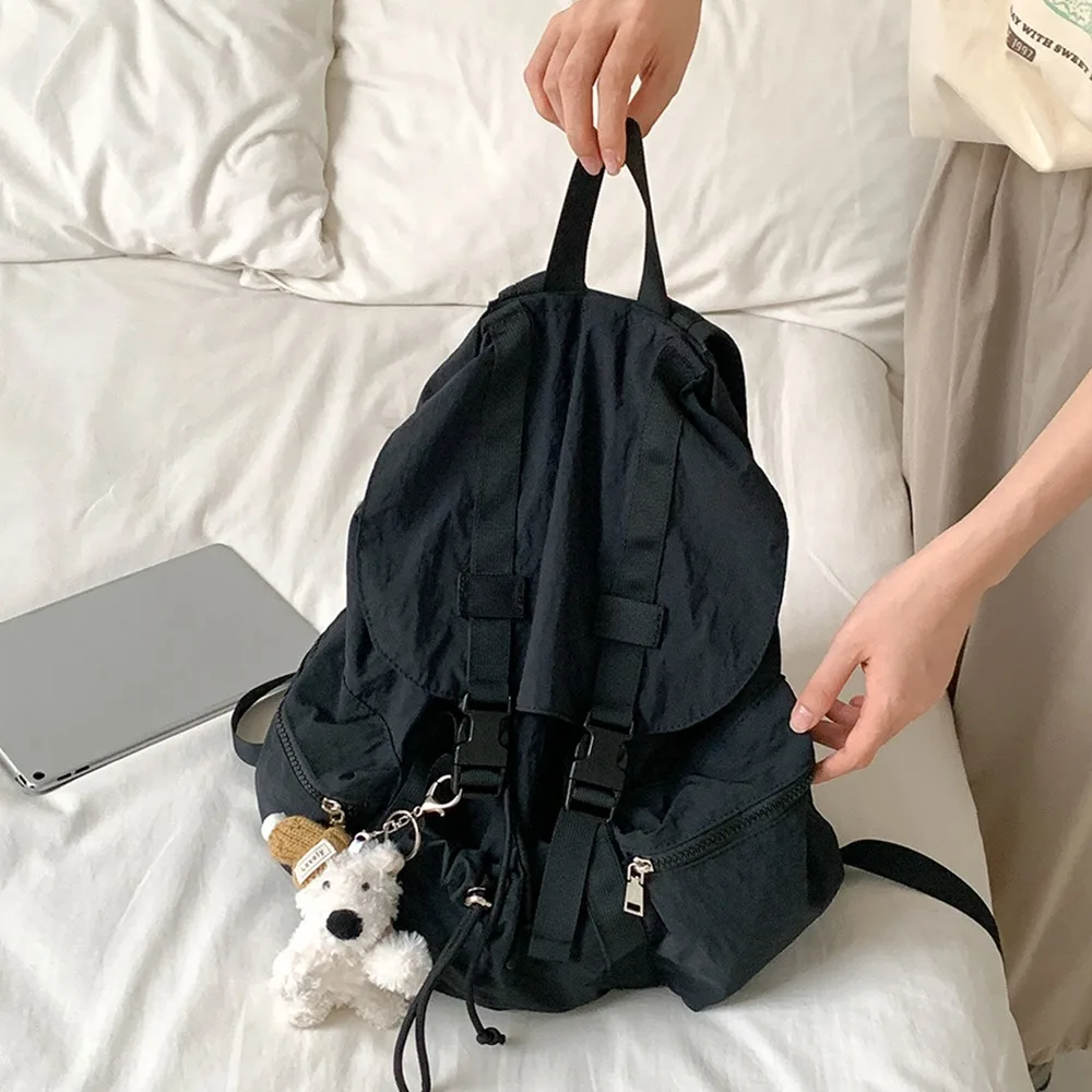 

Ins Solid Color Drawsting Backpacks Nylon Light Weight Ruched Shoulder Bags Large Capacity Casual Student Schoolbag Unisex