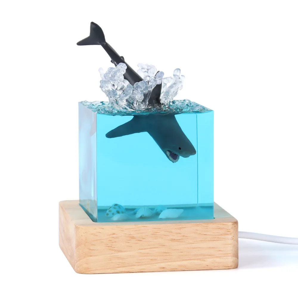 Lampe de Table en Résine en Forme de Cube, 5cm, Décoration Artistique Créative, Organisme Marin, Thème Requin Baleine, Veilleuse, Charge USB