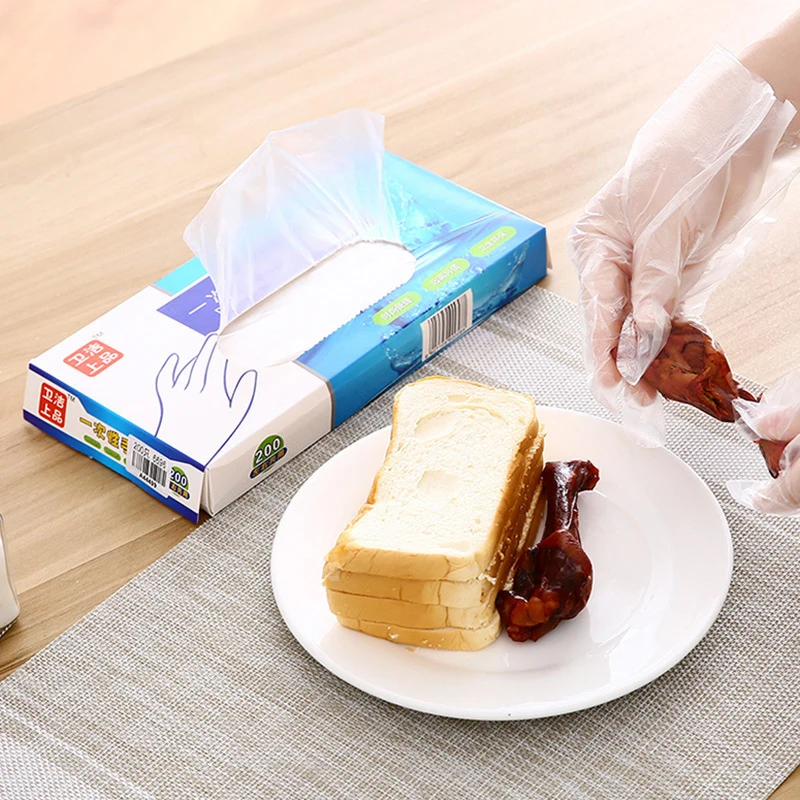 100/200pcs Food Grade Household Cleaning Gloves Latex Free Gloves PE Disposable Gloves Transparent Non-Slip Acid Work Safety