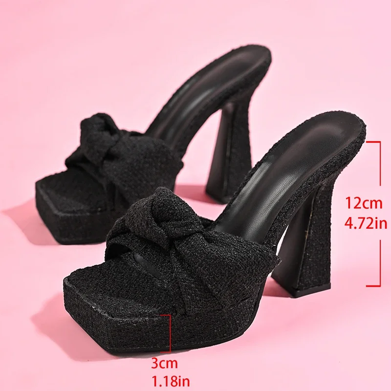 Summer Fashion Black High Heels Slippers Women Square Toe Platform Sandals Woman Pleated Design Chunky Heeled Sandalias De Mujer view 6