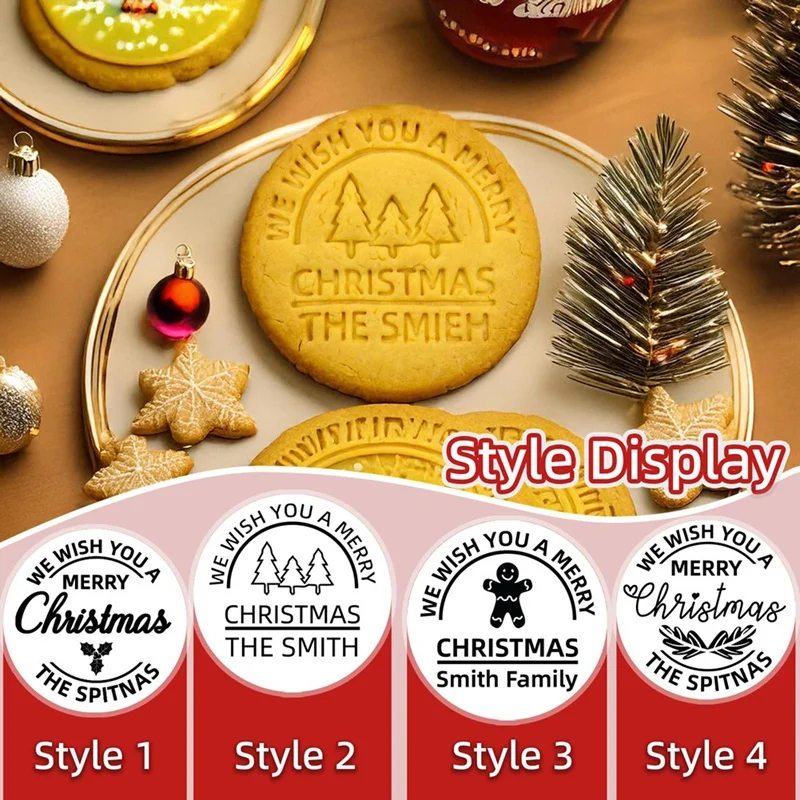 4 Piece Personalized Christmas Cookie Stamp With Cutter, Custom Merry Christmas Cookies Handcrafted Gift For Baking