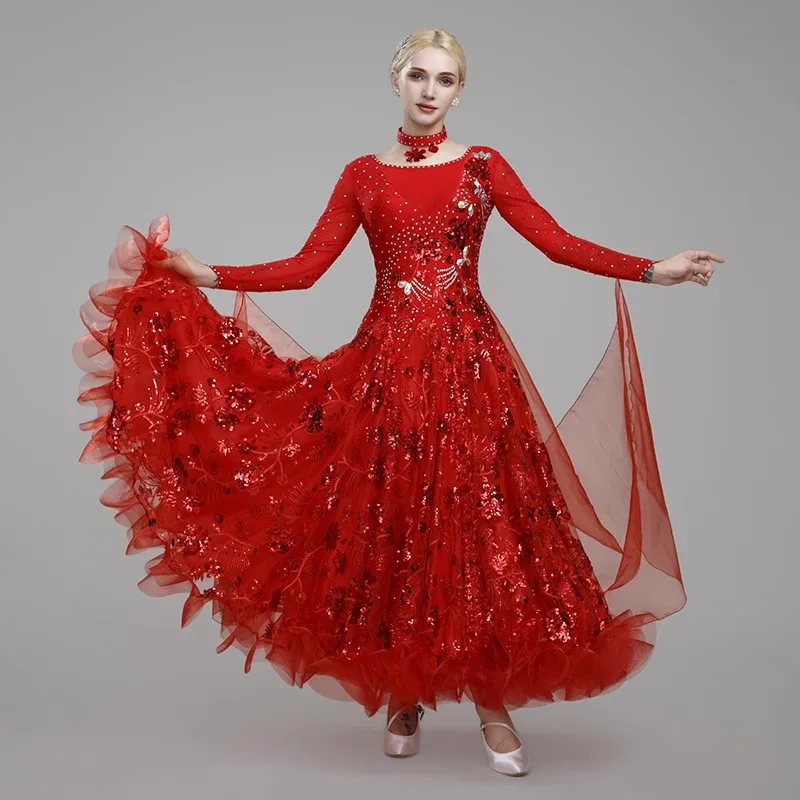 

Women's Ballroom Dance Dress with Sequins Long Sleeve Modern Waltz Performance Competition Stage Wear Costume