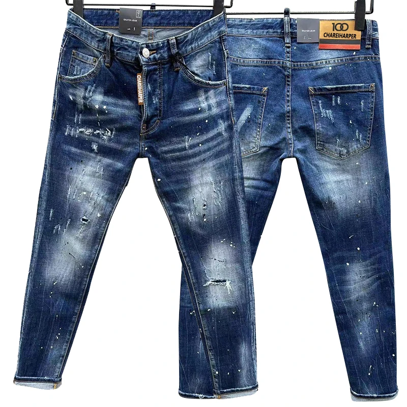 

chareiharper dsq 978 Men's small straight leg embroidered jeans Ripped Fabric Stretch Paint Splash badge jeans