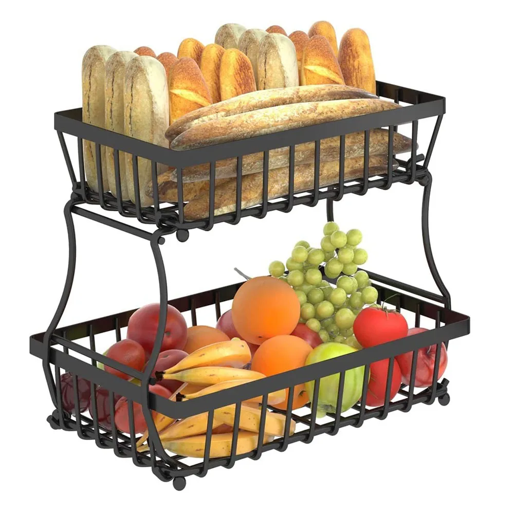 

2 Tier Fruit Storage Basket Countertop for Kitchen Bread Vegetable Fruit Basket Bowl Stand Detachable Metal Rectangular Wire Bas