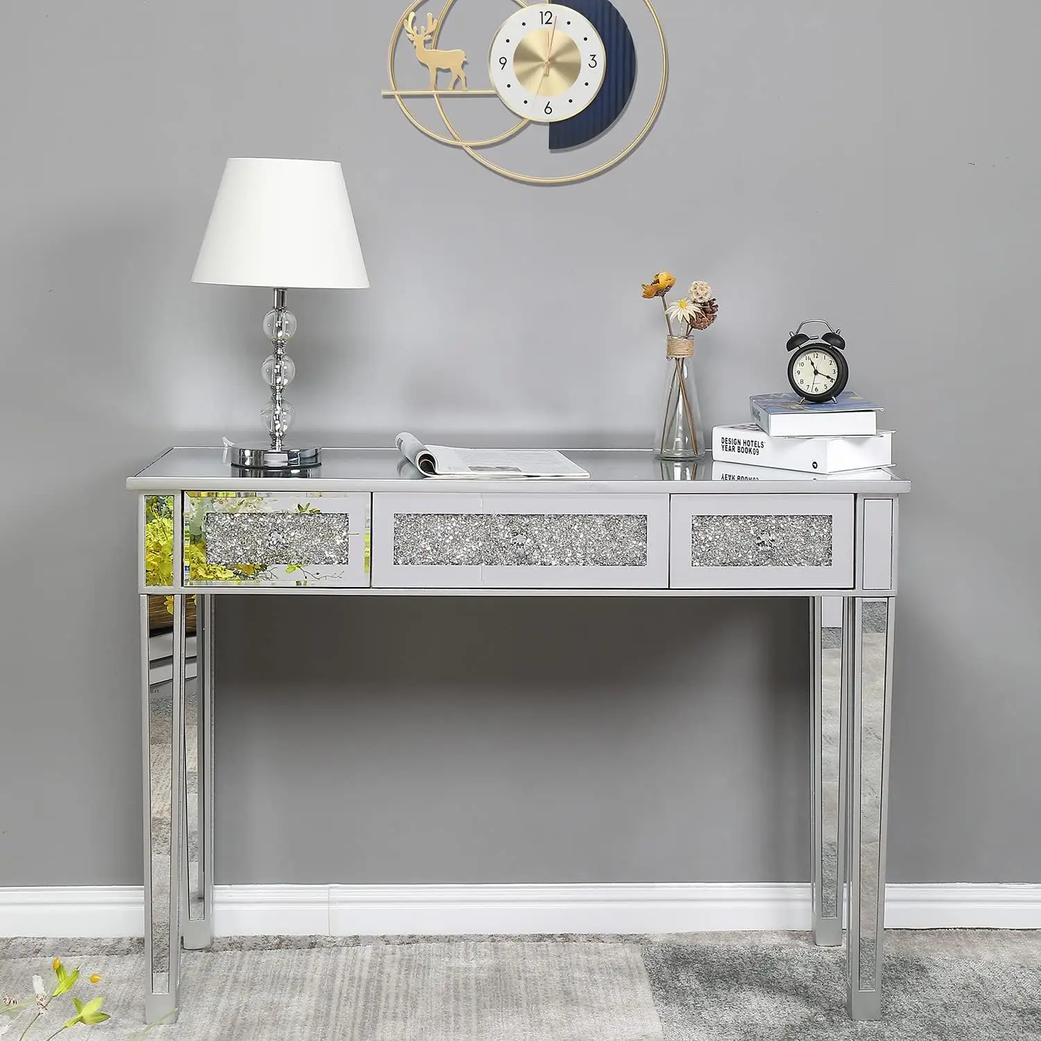 Karl home Mirrored Desk with 3 Drawers Silver Console Table Mirror Sofa Table with Crystal Inlay Front for Living Room,  Foyer