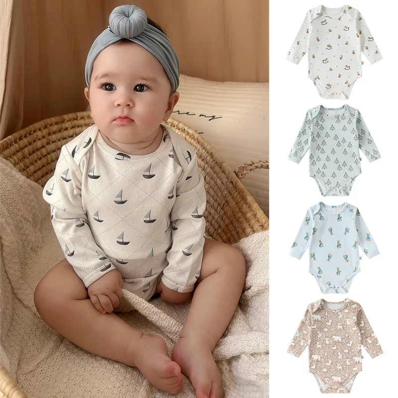 

Детские комбинезоны UNITIM для новорожденных мальчиков, весенние, с мультяшным жаккардовым узором, боди для малышей, комбинезоны с круглым вырезом для девочек