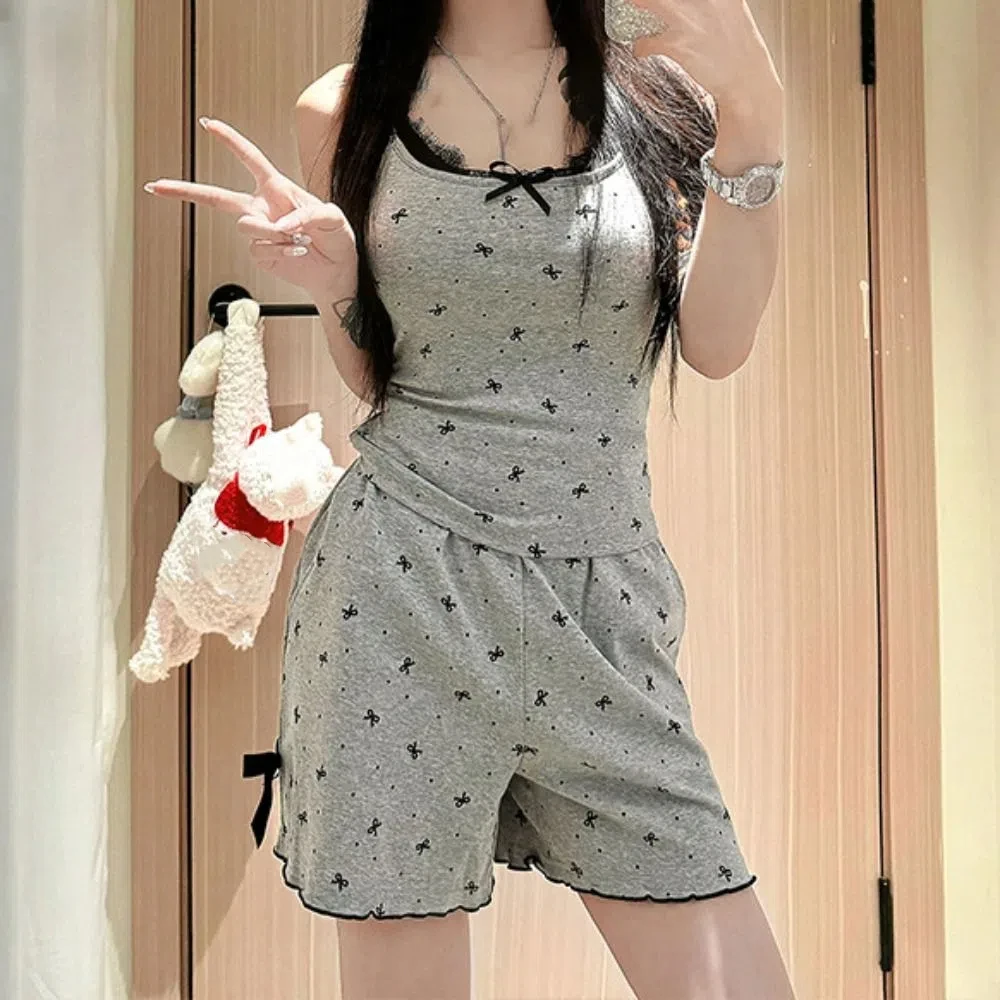 

Dot Lace Bowknot Pajama Suit with Pads Sleeveless Shorts Camisole Nightdress Women Homewear Square Neck Lace Sleepwear Sets Home