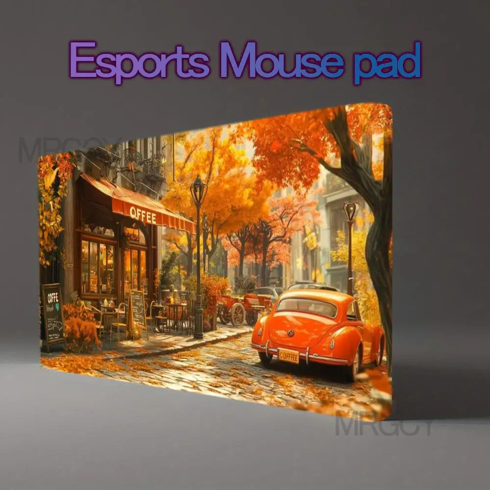 European Town Street Cafe Retro Orange Classic Car Golden Maple Leaf Cobblestone Road Warm Autumn City Scene Anti‑Slip Rubber